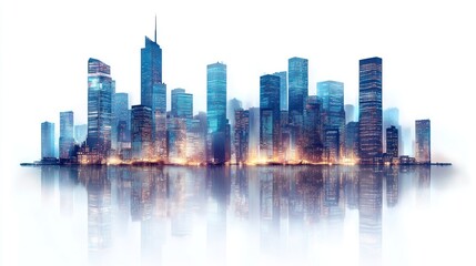 Fototapeta premium Urban skyline at night with illuminated skyscrapers, isolated on a white background, symbolizing modern city life.