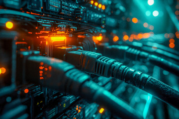 High-tech server room with illuminated network cables and glowing equipment for data processing