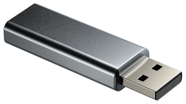 USB flash drive, metallic texture, realistic isolated PNG