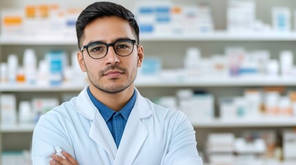 Fototapeta premium Portrait of Confident Male Pharmacist in Eyeglasses with Medicine Background,Healthcare, Pharmacy