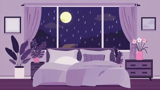 Cozy bedroom scene with a large bed and rain falling outside the window under a full moon
