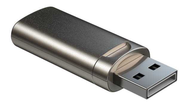 USB flash drive, metallic texture, realistic isolated PNG