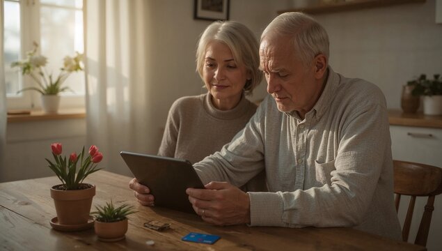 Smiling elderly couple sitting in cozy living room using laptop together. Happy seniors learning technology, browsing internet and connecting online from home. - Powered by Adobe