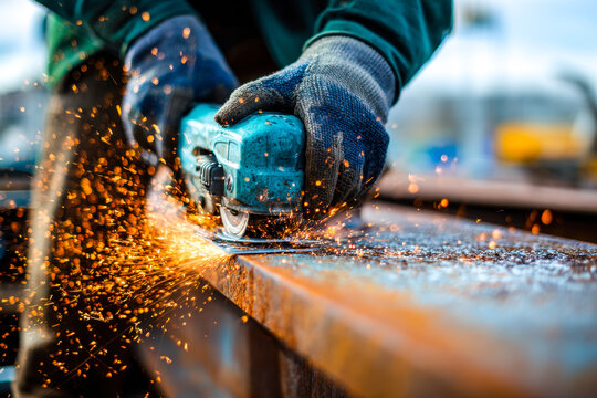 Craftsman grinding metal with sparks flying in a workshop setting