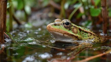 Frog habitats in wetlands, forests, or ponds, showing amphibians camouflaged or active, great for environmental and educational content