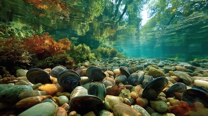Freshwater mussels filter water in riverbeds, playing a crucial role in improving aquatic ecosystem health and supporting biodiversity.