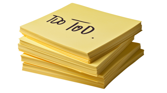 Stack of sticky notes with handwritten to-do list, isolated PNG