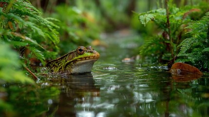 Fototapeta premium Frog habitats in wetlands, forests, or ponds, showing amphibians camouflaged or active, great for environmental and educational content