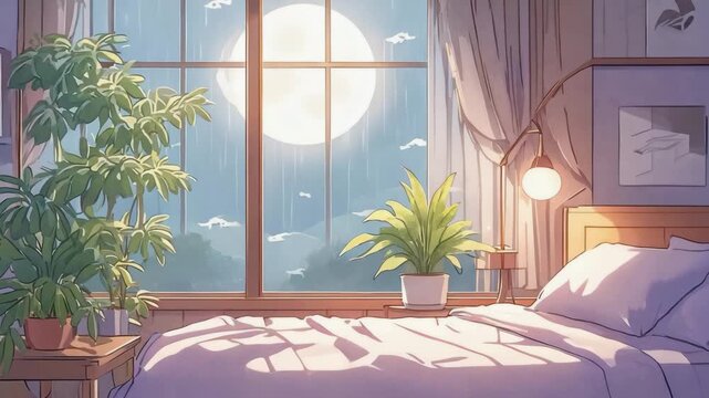 Serene bedroom interior with large window overlooking moonlit sky and lush green plants creating