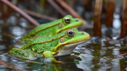 Fototapeta premium Frog habitats in wetlands, ponds, or forests with amphibians resting or leaping, perfect for environmental and biodiversity stock content