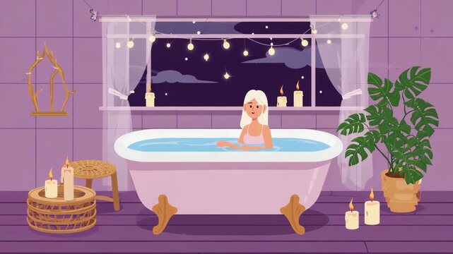 Relaxing woman enjoying warm bath with candles and string lights at night cozy atmosphere self