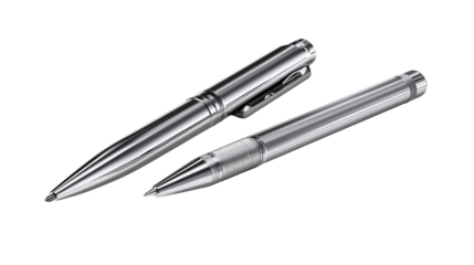 Silver pen and pencil set, realistic shadows, isolated on white background