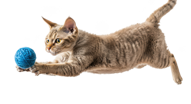 Playful devon rex cat with curly fur pounces on a blue yarn ball isolated on transparent background