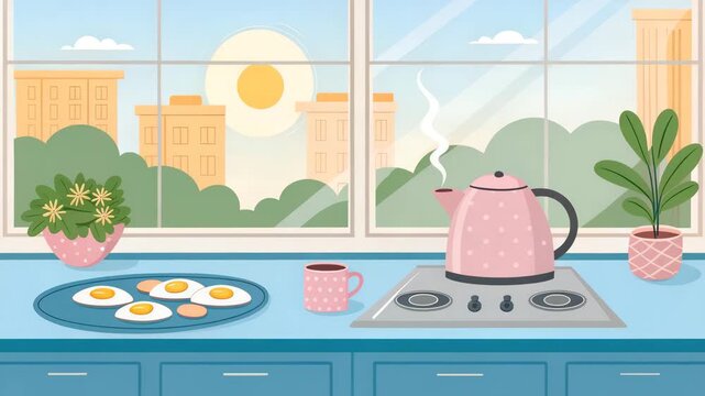 Sunny Morning Kitchen Breakfast Scene With Fried Eggs Steaming Kettle And Potted Plants View From