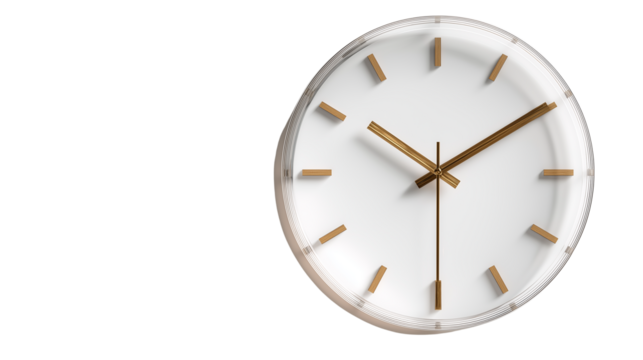 Round wall clock with minimalist design, isolated transparent background