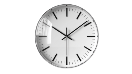 Round wall clock with minimalist design, isolated transparent background