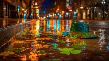 Glittery green hat floating in a rain-soaked city street at night