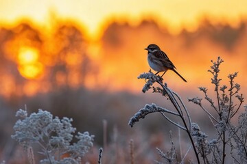 Sparrow perched on a frosty branch during a vibrant sunrise in winter