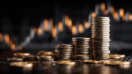 Financial stock market data chart candlestick pattern with golden coins on a dark table in a city at night indicating strong profit growth