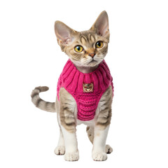 Fototapeta premium Adorable small tabby kitten wearing a bright pink knitted sweater looking directly at the camera isolated on transparent background