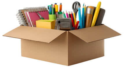 Cardboard delivery box with office supplies, isolated PNG 