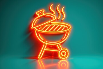 Glowing neon grill illustration on teal. Use for cookout posters, backyard parties, summer marketing and festival branding
