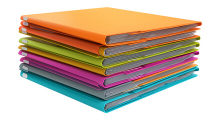 Stack of office folders in assorted colors, isolated PNG format