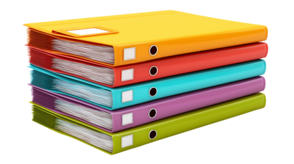 Stack of office folders in assorted colors, isolated PNG format