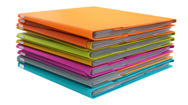 Stack of office folders in assorted colors, isolated PNG format