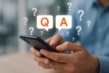 Close-up of a businessman holding smartphone with floating question and answer bubbles, customer support, communication, and problem-solving