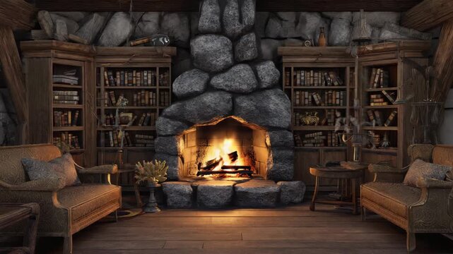Cozy Rustic Library Fireplace Scene with Bookshelves and Armchairs Warm Ambiance