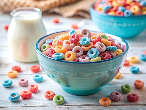 A colorful bowl of fruit loops cereal with milk, a delicious and healthy breakfast option