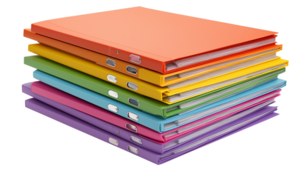 Stack of office folders in assorted colors, isolated PNG format