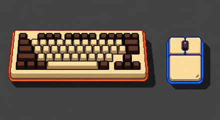 Pixel art keyboard and mouse with retro vibe. Computer peripherals for gaming and digital design. Old school technology.