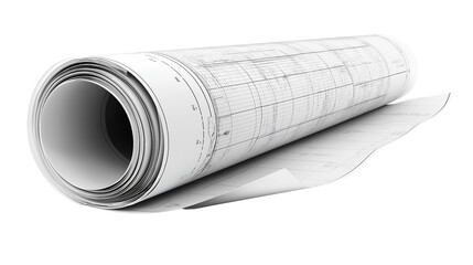 Rolled up blueprint or office plan, realistic isolated on white background 