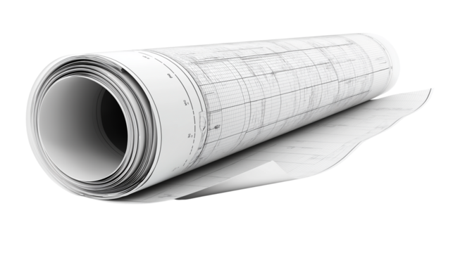 Rolled up blueprint or office plan, realistic isolated on white background 