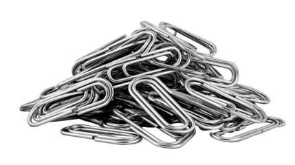 Pile of paperclips in metallic silver, realistic isolated PNG