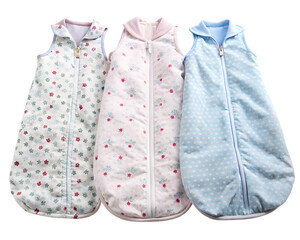 Three baby sleep sacks in different patterns and colors isolated on transparent background