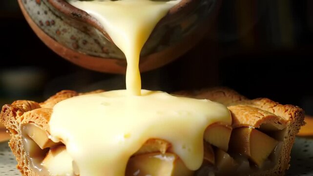 Apple pie with custard sauce being poured