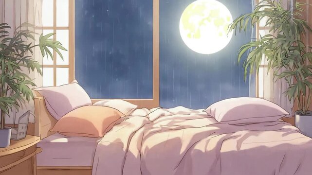 Cozy bedroom scene with rain outside and full moon glowing through window soft lighting 