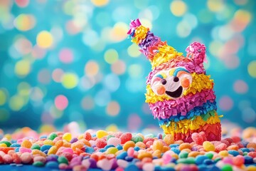 Colorful pinata filled with assorted candies spilling out. Birthday celebrations. Festive treats