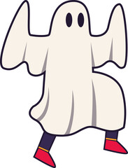 A funny cartoon ghost in a classic sheet costume with visible legs and red shoes strikes a dancing pose.