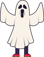 A cartoon illustration of a friendly, white ghost with outstretched arms and a surprised expression, wearing dark pants and red shoes.