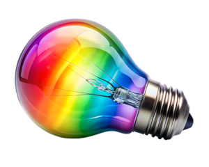 a colorful glowing idea bulb lamp isolated on white background, ai generated