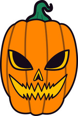 Cartoon Halloween pumpkin with a scary face, outlined in bold lines.