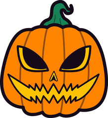 A cartoon illustration of a classic Jack-o'-lantern with a carved, menacing face and a green stem, ready for Halloween celebrations.