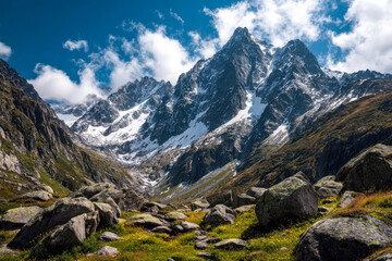 Fototapeta premium Majestic snow-capped peaks overlooking lush alpine valley with scattered rocks and vibrant greenery