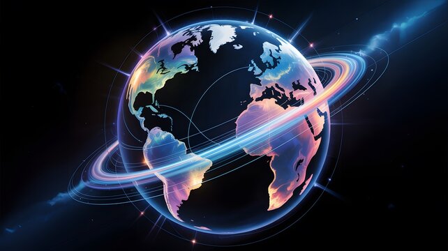 Futuristic Earth with Glowing Rings in Space