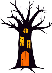 A spooky black tree transformed into a haunted house with glowing yellow windows and an orange door.