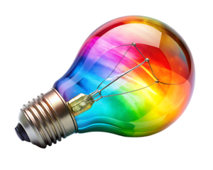  a colorful glowing idea bulb lamp isolated on white background, ai generated